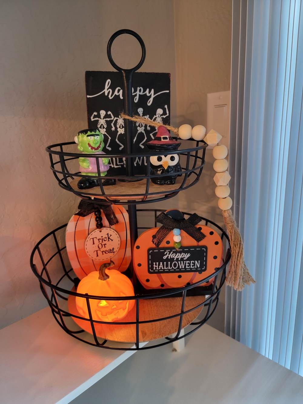 Black Two-Tier Halloween Decor Stand with Orange Accents